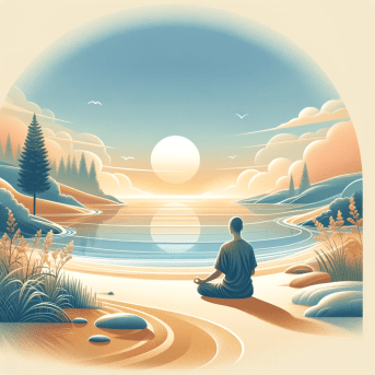 DALL·E 2023-11-21 18.50.00 - A serene natural landscape featuring a peaceful beach scene. In the foreground, a person of indeterminate gender and descent is seen practicing mindfu