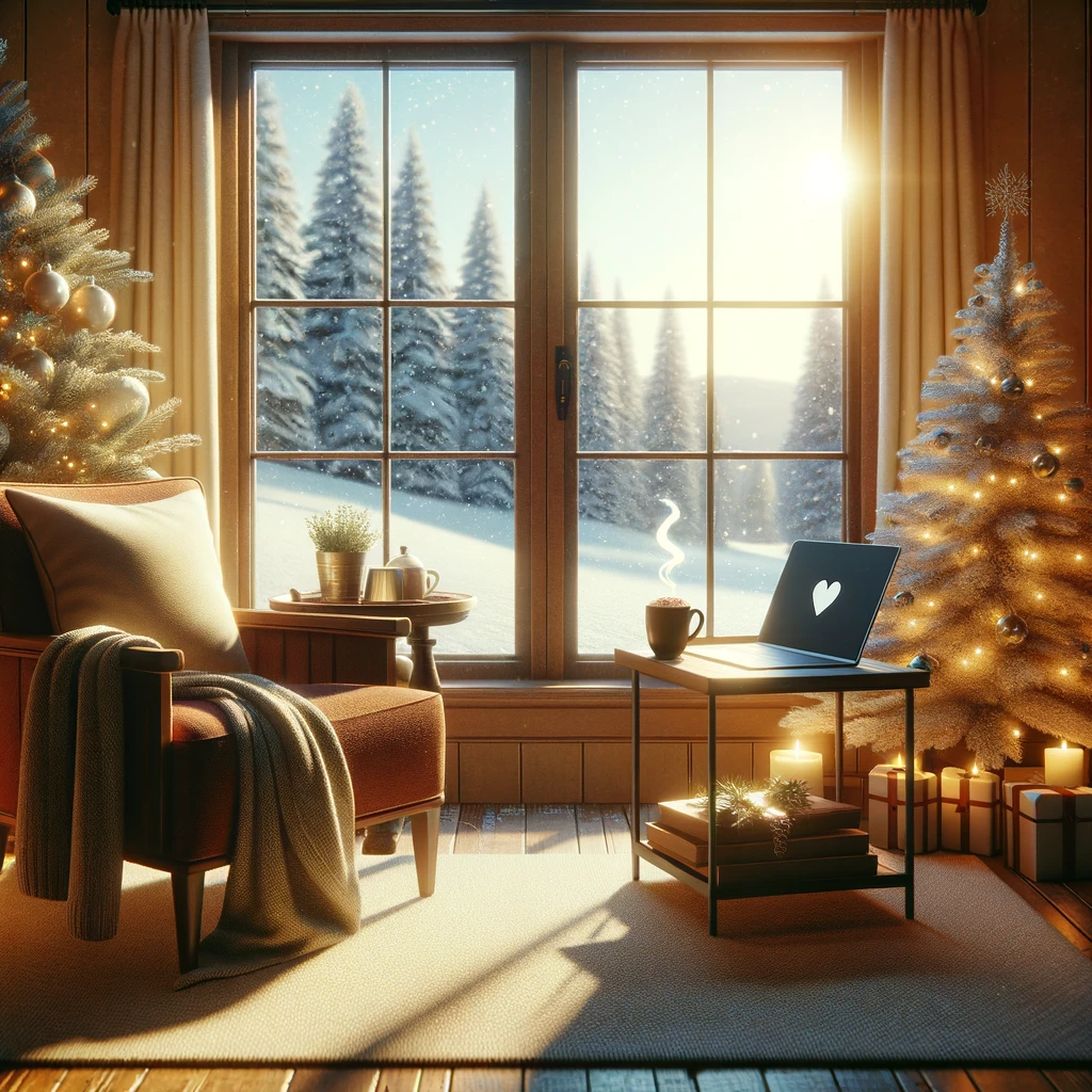 DALL·E 2023-12-17 04.58.58 - A cosy, inviting scene featuring a warmly lit room with a comfortable chair by a window. Outside the window, a peaceful winter landscape with gently f