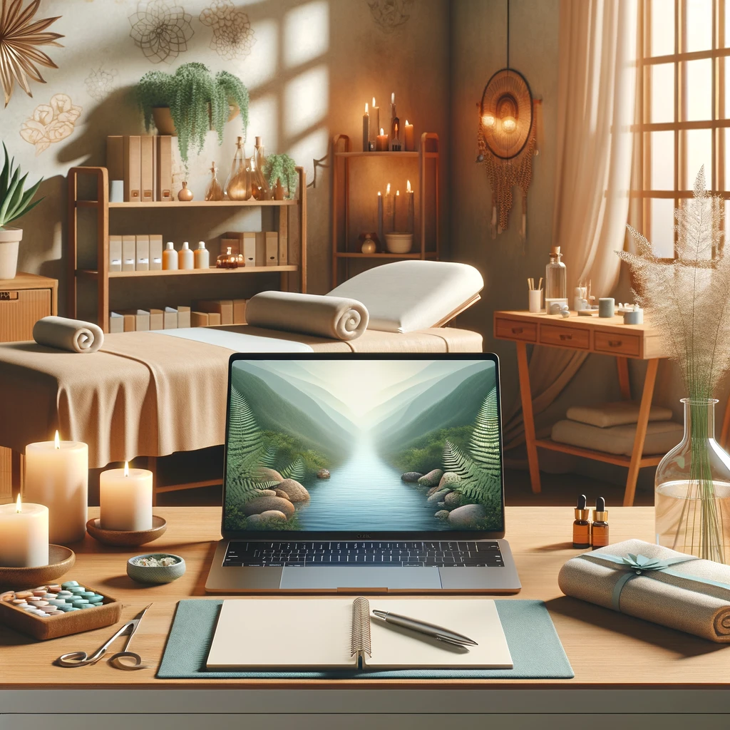 DALL·E 2024-01-17 21.22.28 - A serene and inviting workspace combining elements of coaching and therapy. In the foreground, there is a desk with a laptop displaying a calming, nat