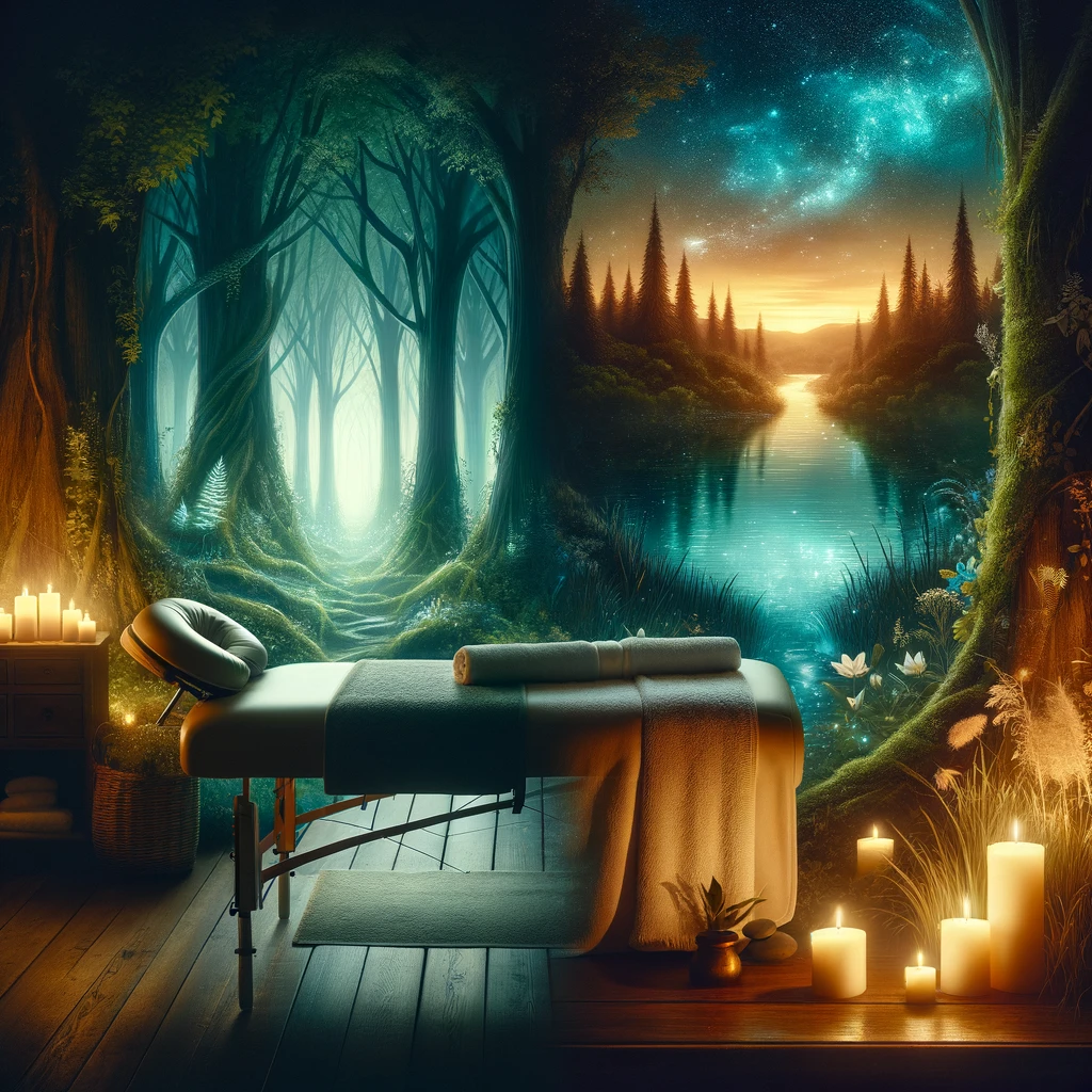 DALL·E 2024-01-12 23.53.40 - A serene and inviting image combining holistic wellness and fantasy. In the foreground, a peaceful massage therapy setting with a massage table covere