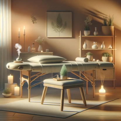 DALL·E 2024-03-27 03.15.33 - A calming and inviting therapy room, softly lit with a focus on relaxation and comfort. The setting includes a comfortable massage table, gentle light